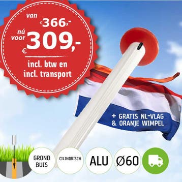 Aanbieding aluminium vlaggenmast 6 meter Ø60mm met grondbuis, Nieuw