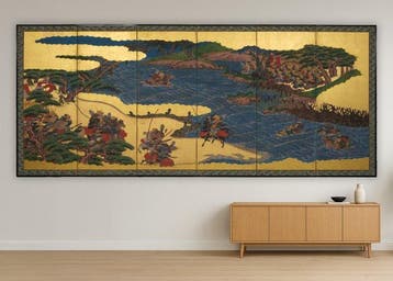 Vouwscherm met samurai-gevecht - Gelakt hout, Zijde,