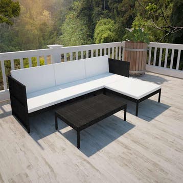 vidaXL 3-delige Loungeset met kussens poly rattan zwart, Verzenden, Nieuw, 3 zitplaatsen, Loungeset