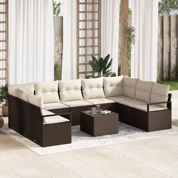 vidaXL Tuinbankenset 10 st Bruin en Crème poly rattan, Verzenden, Nieuw, Rotan, Meer dan 8 zitplaatsen