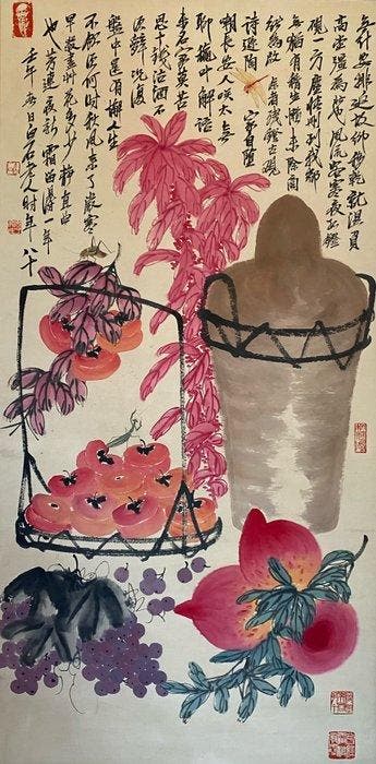 Een Chinees bloemenschilderij, inkt en kleur op papier,