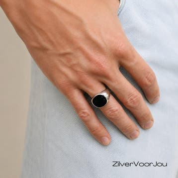 Zilveren zegelring uniseks zwarte agaat vierkant, Sieraden, Tassen en Uiterlijk, Verzenden, Nieuw, Zilver
