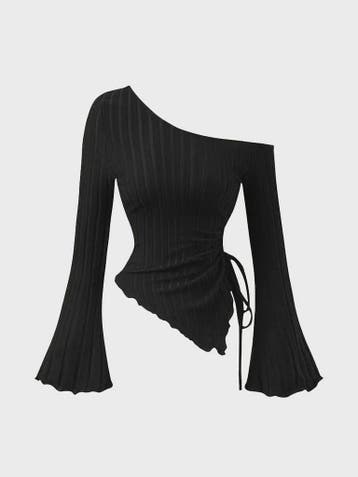 Dames Off-Shoulder T-shirt met Trompetmouwen en Asymmetrisch, Verzenden, Nieuw