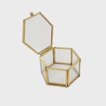 Zeshoekige Glazen Ringendoos - Transparant & Goudkleurig - V, Verzenden, Nieuw