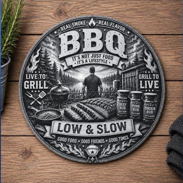 BBQ wandbord rond 25 cm – aluminium Dibond – Low &amp; Slow, Eigen ontwerp, Vintage, Nieuw, Wandcirkel
