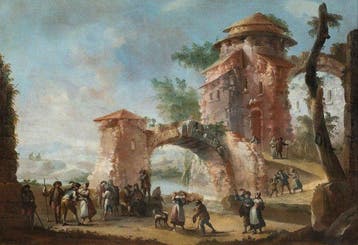 Italian school (XVIII) - Landscape with ruins and figures -