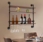 Wand Wijnrek Industrieel – Hout en Metaal met Glashouders, Verzenden, Nieuw