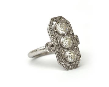 Platina met 18 krt.gouden Art Deco prinsessen ring, Gebruikt