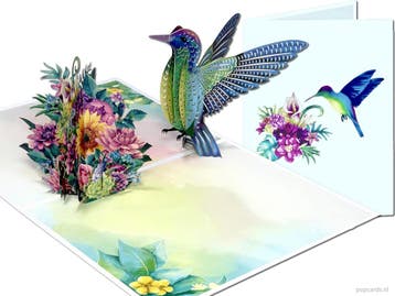 Spectaculaire pop-up kaart met kolibrie in bloemenpracht, Verzenden, Nieuw