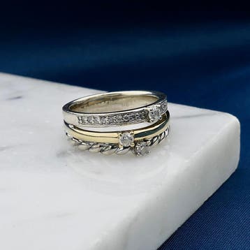 Bicolor ring van goud en zilver, zirconia; 14 karaat; rin..., 18 tot 19, Gebruikt, Ophalen of Verzenden, Met edelsteen