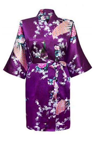 KIMU® Kimono Paars Kort L-XL Yukata Satijn Boven de Knie Kor, Ophalen of Verzenden, Nieuw, Maat 42/44 (L), Carnaval