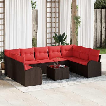 vidaXL Bankstel met kussen 10 pcs Bruin Poly Rattan, Verzenden, Nieuw, Rotan, Meer dan 8 zitplaatsen