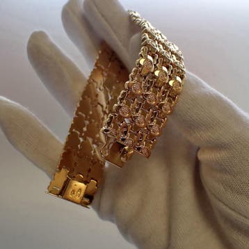 Vintage gouden brede florale schakelarmband, Ophalen of Verzenden, Gebruikt, Goud, Goud