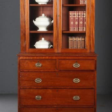 Boekenkast Servieskast in mahonie ca 1880 met oud glas en la, Ophalen of Verzenden