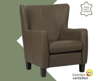 Leren fauteuil Hug - Toledo Moss (bruin/groen) - Poten hout, Nieuw, Ophalen of Verzenden, 75 tot 100 cm, Eigentijds, Klassiek, Retro, Romantisch