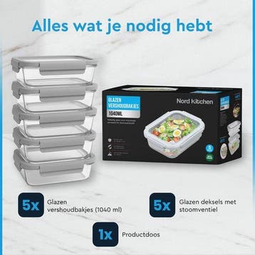 2dekans | Nord Kitchen Vershoudbakjes Set - met Glazen Stoom, Huis en Inrichting, Ophalen of Verzenden, Zo goed als nieuw