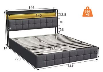 Multifunctioneel Dubbel Bed met LED,USB en Hydraulische Opbe, Verzenden, Nieuw
