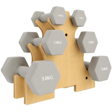 Halterset 3 Paar 1kg 3kg 5kg Dumbbells Met Houten Standaard,, Verzenden, Nieuw