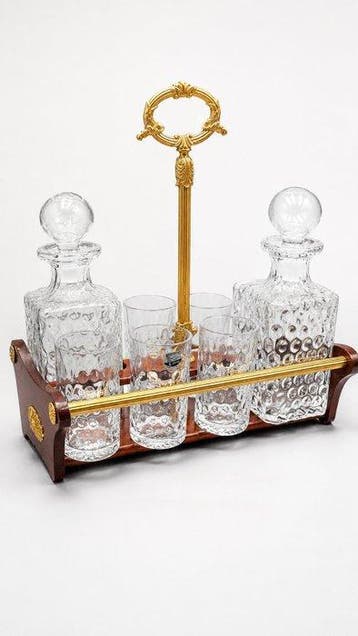 Karaf - Kristal, Hout, Metaal - Vintage likeurservies