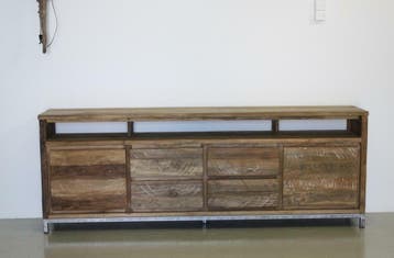 Robuust industrieel tv meubel 220cm breed; Indoteak, 100 tot 150 cm, Teakhout, Nieuw, Ophalen of Verzenden
