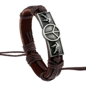 Fako Bijoux - Armband - Leder - Plate Peace - Bruin, Verzenden, Nieuw