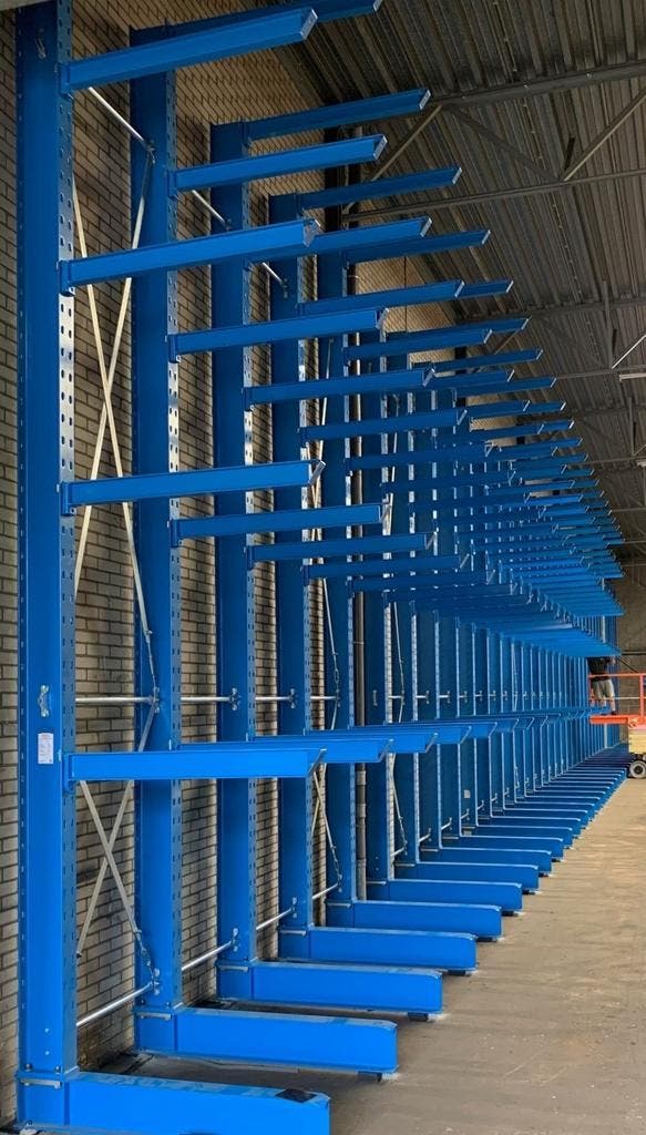 Draagarmstelling enkel 5,5 m hoog en 1,2 m diep met 6 niv, Zakelijke goederen, Kantoor en Winkelinrichting | Magazijn, Stelling en Opslag