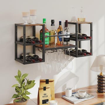 Wand wijnrek met 8 flessenhouders en 9 glazenhangers - Houte, Verzenden, Nieuw
