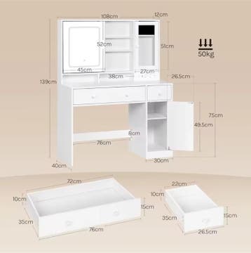 Make-uptafel met LED spiegel, sieradenkast en lades, Verzenden, Nieuw