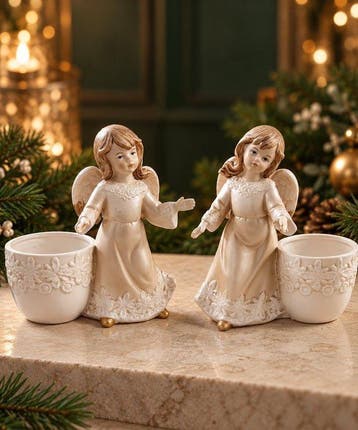 Beeldje - Set van 2 keramische engelen met decoratieve