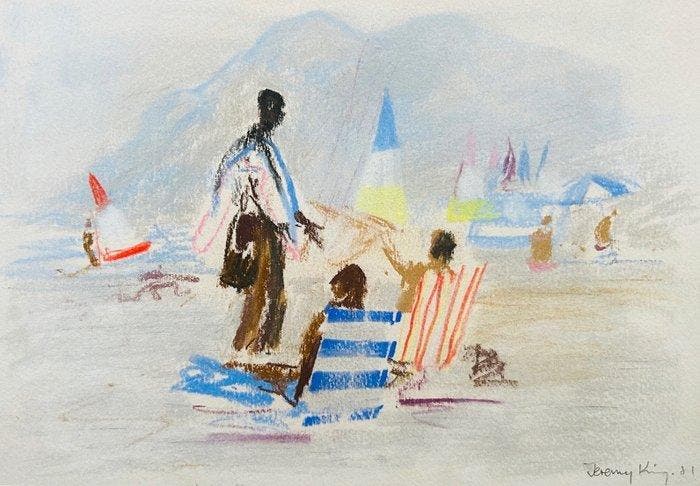 Jeremy King (1933-2020) - La plage - Pastel original signé, Antiek en Kunst, Kunst | Designobjecten