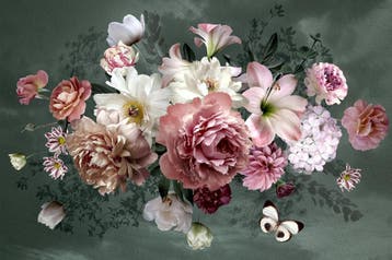 Pioenrozen boeket fotobehang VINYL, Bloemen, Op maat!, Verzenden,  Bloemenbehang, Pioenrozen, romantisch, vintage