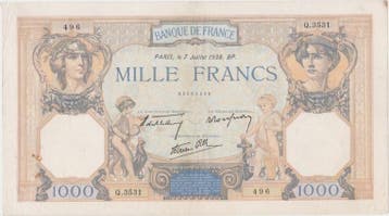 France Frankreich Fay 38/22 1 000 Francs Ceres en Merkur..., Verzenden