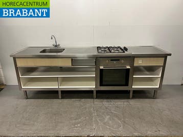 RVS Werktafel met 4 Pits Fornuis, Oven en spoelbak met kraan, Ophalen of Verzenden, Gebruikt