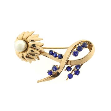 Vintage gouden broche met parel en saffieren, Sieraden, Tassen en Uiterlijk, Broches, Gebruikt, Overige kleuren, Ophalen of Verzenden