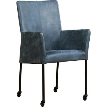 Leren eetkamerstoel Comfort met wieltjes en armleuning -, Blauw, Nieuw, Leer, Ophalen of Verzenden