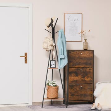 Industriële Kapstok met 2 Houten Etagères en 6 Haken - Zwart, Huis en Inrichting, Woonaccessoires | Kapstokken, Verzenden, Nieuw