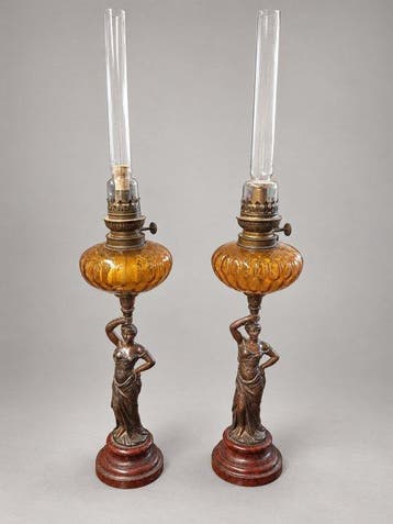 Lamp - Zinklegering, Hout, Glas, Messing - Een paar