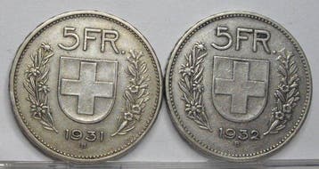 Zwitserland. 5 Francs 2x 1931/1932 (Zonder minimumprijs), Postzegels en Munten
