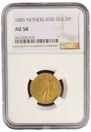 Gouden Dukaat 1885 AU58 NGC gecertificeerd, Verzenden, Munten