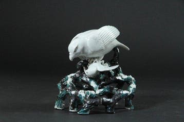 Hawk Capturing a Small Bird on Branches – White Porcelain -
