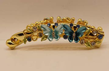 Bananenklem goudkleurig met 2 vliegende blauw vlindertjes, Verzenden, Nieuw, Haarspeld