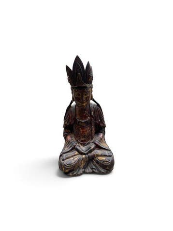 Guanyin zittend op de kroon van Amitbha - Hout, Lak - China