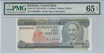 Barbados 5 Dollars Nd1973 Pick 32 Pmg Gem Unc 65 Epq, Verzenden