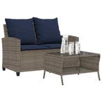 vidaXL Tuinbank 2-zits met kussens & tafel poly rattan grijs, Verzenden, Nieuw