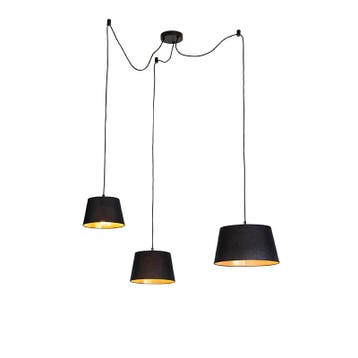 Hanglamp met 3 katoenen kappen zwart met goud - Cava, Verzenden, Nieuw, Design