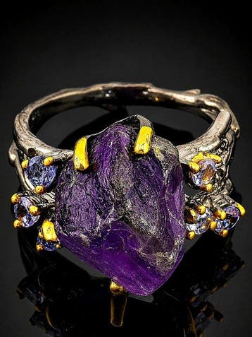 Natuurlijke amethistring - 925 sterlingzilver - zwarte, Antiek en Kunst