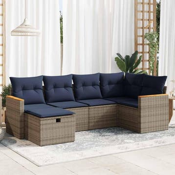 vidaXL 6-delige Loungeset met kussens poly rattan grijs, Verzenden, Nieuw, 6 zitplaatsen, Loungeset