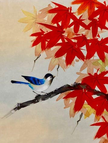 Herfst esdoornbladeren en vogel – Fujita Hosen - Zijde -, Antiek en Kunst