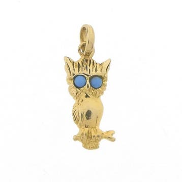 Gouden hanger van een uil met turquoise (Hanger of bedel), Ophalen of Verzenden, Gebruikt, Goud, Overige merken