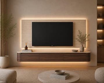 Japandi Tv Meubel zwevend (BEIGE-WALNOOT-WALNOOT TRAVERTIN), Japandi, Nieuw, Ophalen of Verzenden, 200 cm of meer